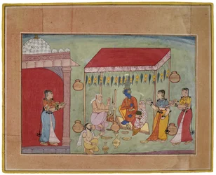 クリシュナとルクミニの結婚、1590〜1600年（紙に金を施したガッシュ）